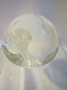 Vintage Art Glass White Swirl Ribbon Glass Paperweight Abstract Design Bubbles